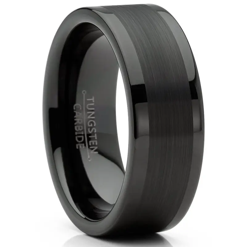 Adult Men's 8MM Flat Top Black Tungsten Carbide Jewelry Ring - High-Polish, Comfort-Fit, Hypoallergenic, Scratch-Resistant, Brushed Center, Cobalt-Complimentary, Tarnish-Resistant Metal Band for Men