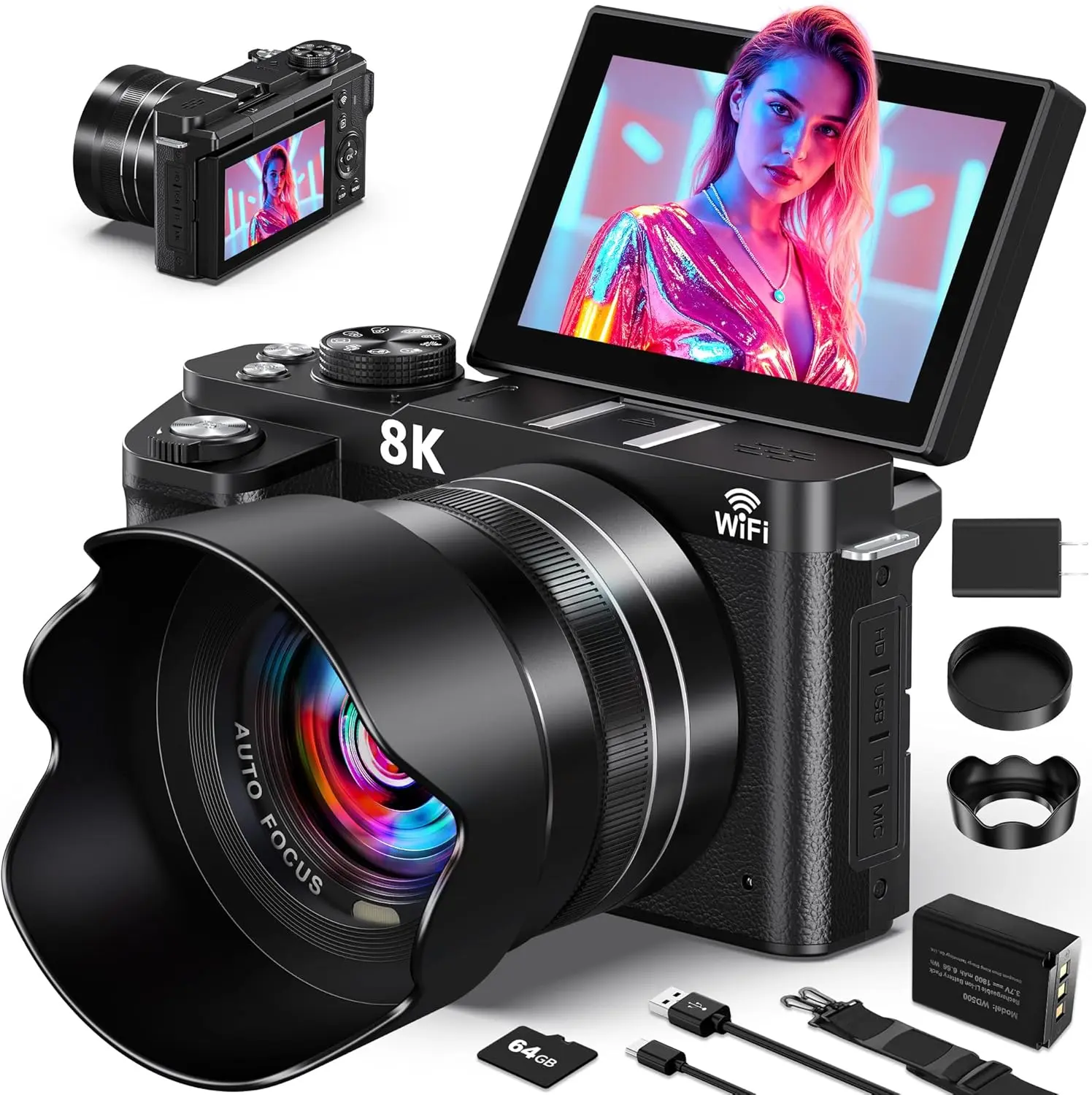 8K Digital Camera - 88MP WiFi Cameras for Photography - UHD Autofocus Vlogging Camera for YouTube 18X Zoom - Video Camara for Beginner Photographer with 3" 180° Flip Screen, Lens Hood, 64GB Card Wireless Flash Rechargeable Button Christmas
