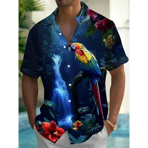 Men'S Short-Sleeve Aloha Shirt with 3D Digital Print of Hawaiian Parrot Flowers in Gradient.