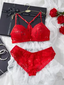 Women's Valentine's Day Custom Lace Underwear Lingerie Set, Womenswear, Sexy Sheer Heart Design, Wireless Fitted Bra, Unlined, Perfect for Dates and Nightwear