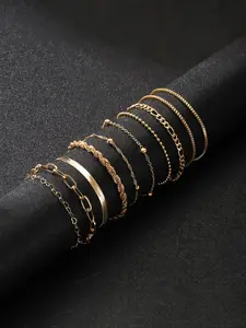 A 10 - piece set of minimalist, trendy multi - layer bracelets. The design of stacked thin chains and matte metal finish make them easy to match for daily commuting, dating or shopping. Ideal for young women, Fashionable Bangles