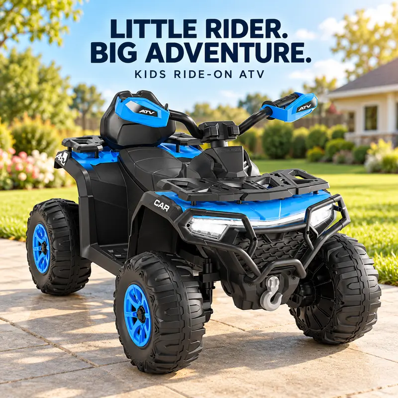 Garvee 12V Rechargeable 4-Wheel Drive Kids Off-Road ATV Ride-On Toy - Dual 45W Motors, Spring Suspension, LED Lights, USB, Built-In Music Player, Bluetooth, Adjustable Volume Control, Plastic Unisex Toy for Birthdays, Cool Gifts For Kids, Toys For Boys