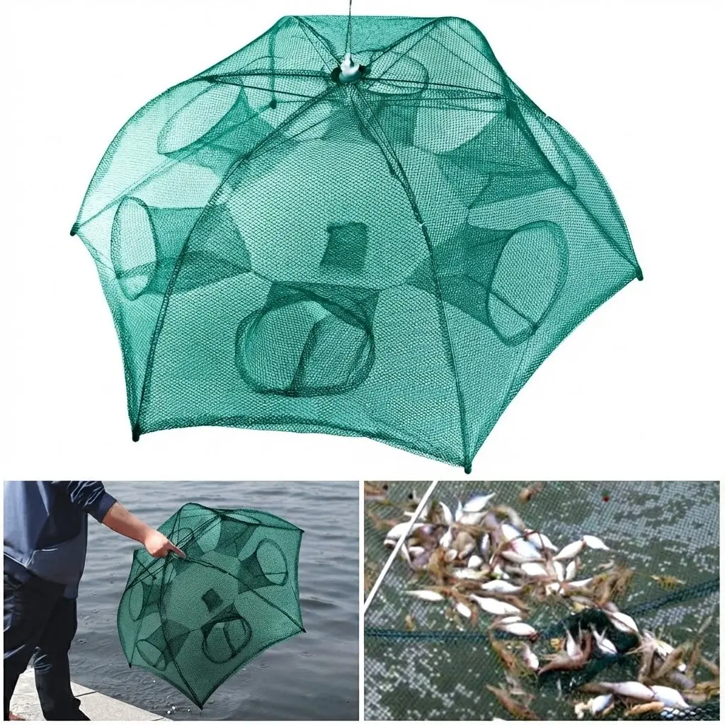 Fishing Trap Net Portable Folded Fishing Bait Trap Shrimp Minnow Crab Bait Net 6 Sides 6 Holes Crayfish Cast Mesh Trap Automatic