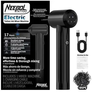 Neebol Rechargeable Tattoo Ink Mixer - 17+ Hours Long-Lasting Battery with 3 Speed Settings, Includes 105 Mixing Sticks, Electric Pigment Agitator for Microblading, Eyebrow Tattoo Supplies (Black)