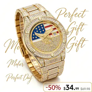 Iced Out Gold US Flag Eagle Watch Diamond Quartz Watch Luxury Stainless Steel Wristwatch Unisex Waterproof Analog Watch Gold Tone Bracelet Watch Statement Wristwatch Durable Metal Band Watch Casual Daily Wear Watch Gift for Men Women Flash Sale