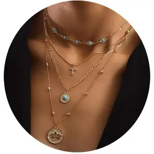 Bohemian layered choker necklace with cross pendant, delicate and hollow turquoise necklace with adjustable flower pendant, women's jewelry.