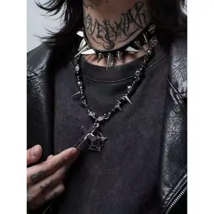 Punk Gothic Spiked Cross Chain Link Necklace, Unisex Coated Metal Short Jewelry, Bold Edgy Fashion Statement Accessory, Chain Link Necklaces
