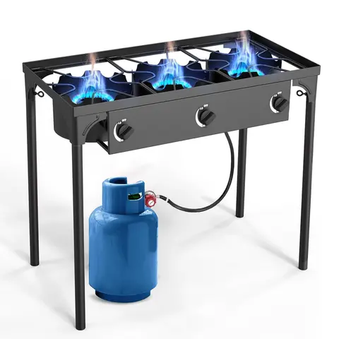 GEEKHOM 3-Burner Cast Iron Outdoor Gas Stove & Grill Combo - 225000 BTU High-Pressure Portable Camping Cooker with Removable Legs, CSA Listed Regulator, Adjustable Firepower, for Fishing, Tailgate Parties, Home Brewing