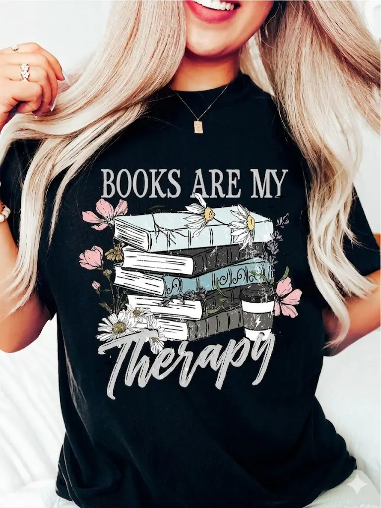 T-Shirt for Book Lovers, Books Serve As My Therapy T-Shirt, Humorous Reading Tee, Graphic Tee for Book Nerds, Adorable Gift for Readers, Shirt for Literary Fans, Gift for Bookworms