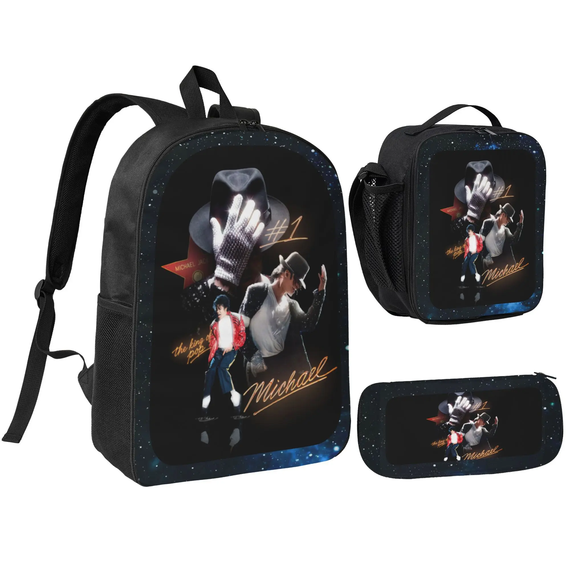 Starry Sky Style Michael Jackson Backpack Set 3Pcs Elementary and junior high school students School Bag Lunch Bag Pencil Case Pop Music Theme Bookbag Lightweight Travel Backpack Back To School Gift For Boys Girls Students