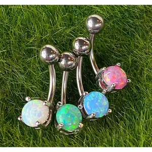 Solitaire Opal Stone Belly Ring Pierced Navel Rose Gold, Blue, Green, Pink