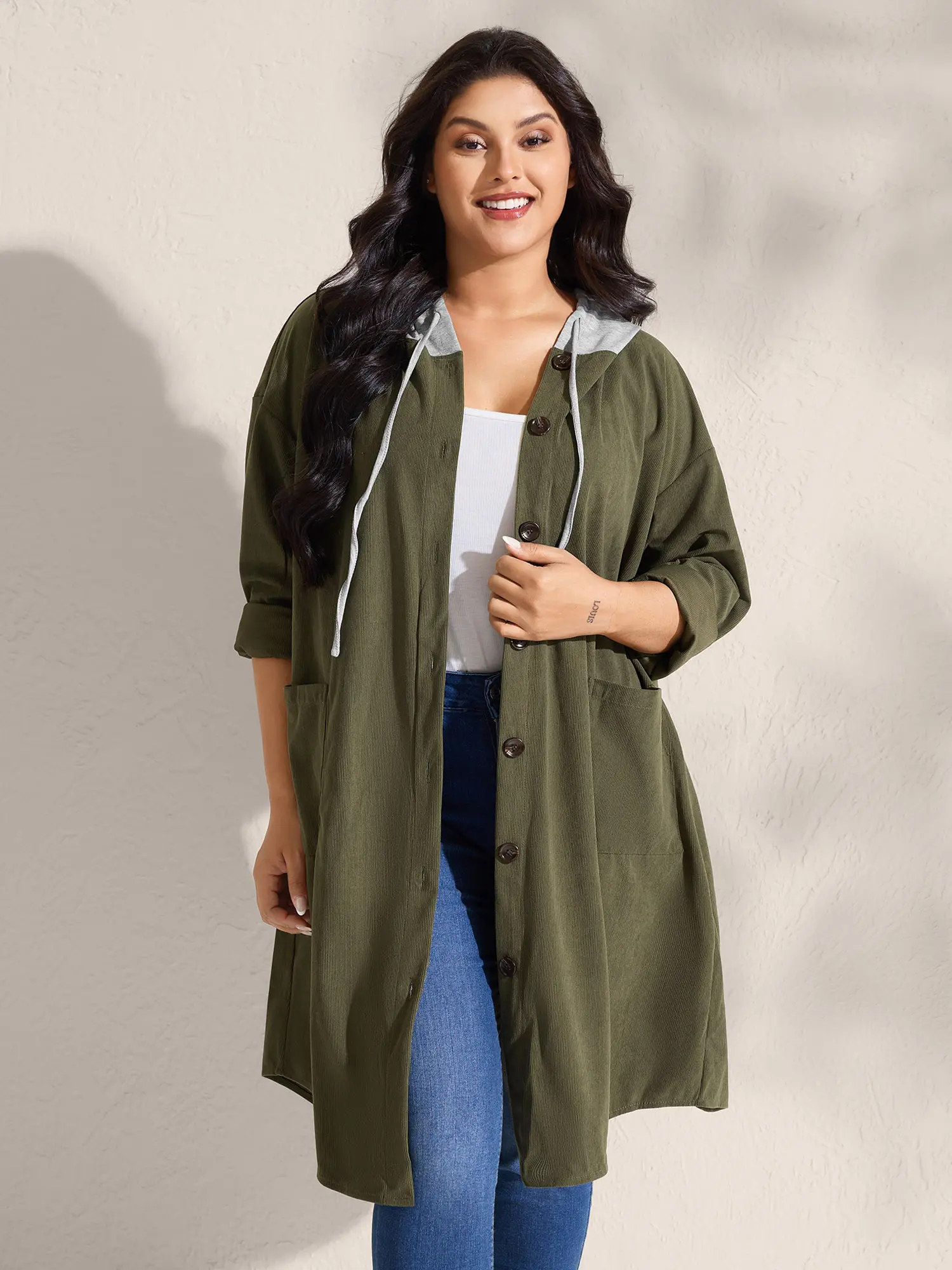 BloomChic Hooded Button-Front Pockets Jacket 【M-6XL】
