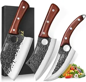 3PCS Butcher Knife Set, Hand Forged Serbian Chef Knife & Meat Cleaver Knife & Viking Knives, Meat Cutting Kitchen Knife Set for Home, Outdoor Cooking, Camping BBQ Gift Idea Men