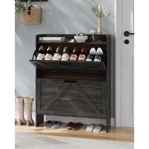 Garvee 16 pairs of wooden shoe cabinets, shoe cabinets with 2 folding drawers, adjustable shelves, shoe storage/entrance cabinet for entrance, living room, hallway (100 x 102 x 24 cm, black)