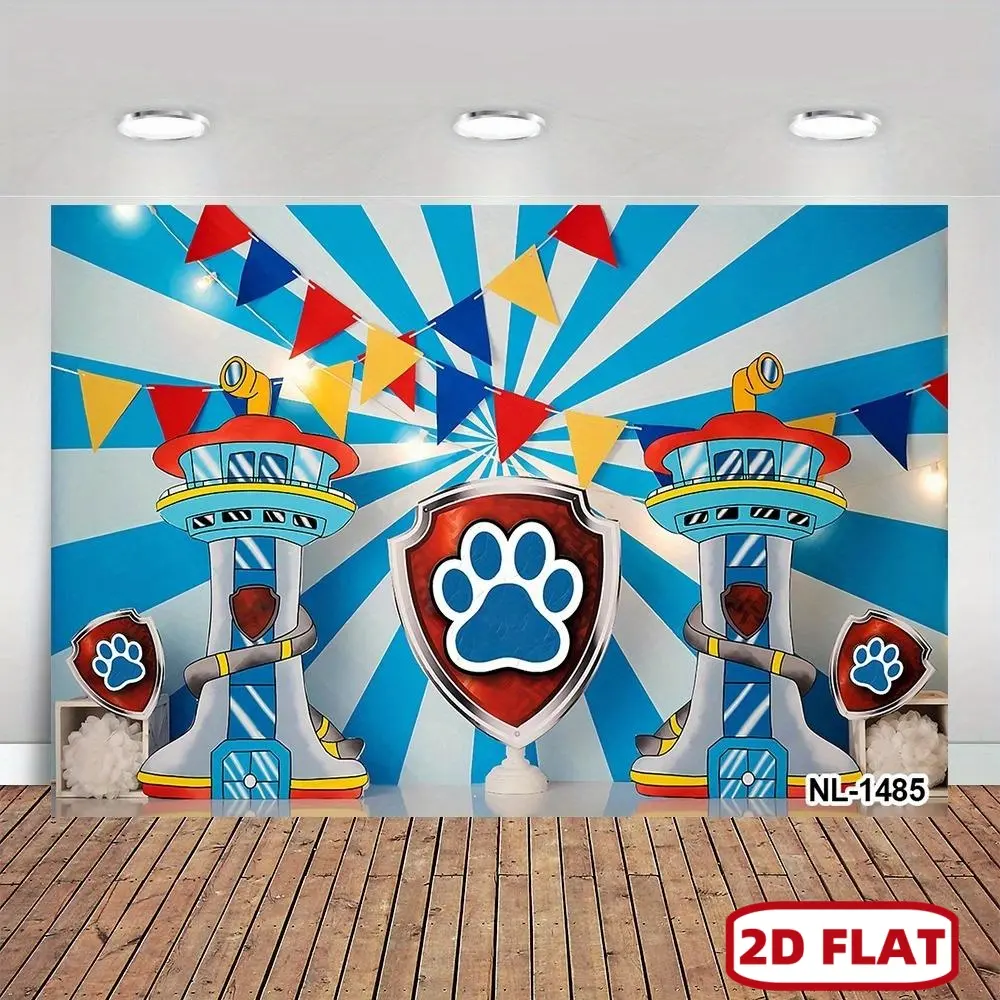 1pc 2D Flat Patriotic Dog-Themed Birthday Cake Photo Backdrop with Flags & Swords - Vibrant Blue, Red, Yellow, Orange & White Design for Weddings, Graduations, Baptisms, and Tailgate Parties,