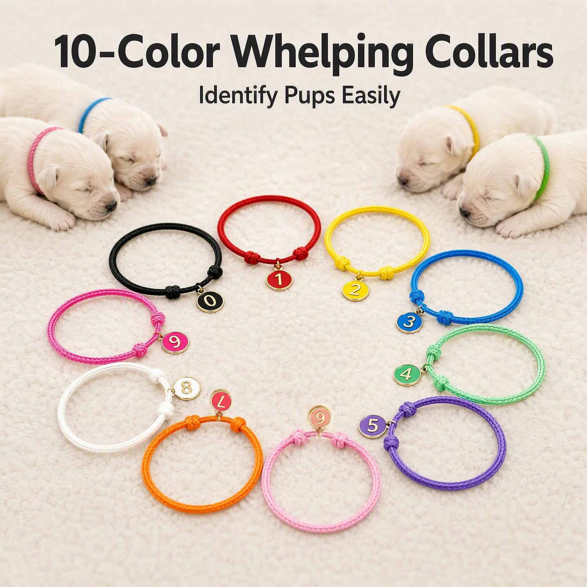 10 Color Puppy Whelping Collars, Adjustable Braided Identification ID Collars with Number Tags, Soft Litter Marking Bands for Newborn Puppies Kittens, Whelping Supplies