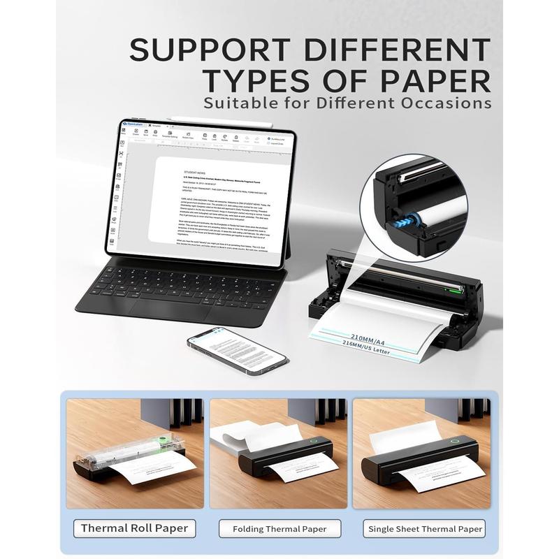 Portable Printer, Wireless Bluetooth Thermal Printer for Travel & Mobile Use, Compatible with iOS, Android, Laptop, Supports 8.5"x11" US Letter & A4 Paper, No Ink Needed, Ideal for Home & Office TikTokShopBlackFriday desktop wireless gadget