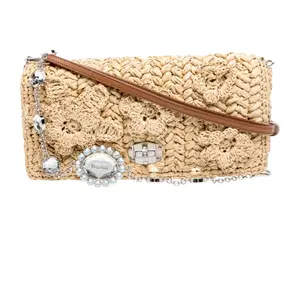 Pre-owned miu miu raffia Shoulder Bags Crystal Flap Shoulder Bag.