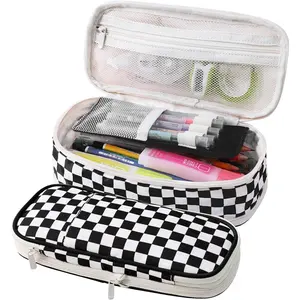 Large Pencil Case Pouch With Zipper Checkered Pen Bag for Teen Girls and Boy (Black)