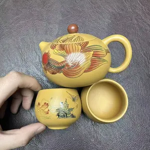 Goldfish Teapot with Hand-Painted Design - Vibrant Yellow Finish, Intricate Floral & Koi Art, Perfect for Tea Lovers.H013