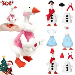 1 Set Christmas Mini Desk Goose Outfit 7 Inch Magnetic Silly Goose Statue Santa Claus and Snowman Costume with Mini Hats and Felt Clothing for Desk Duck Key Holder Decor