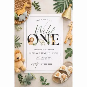 Wild One Safari Birthday Invitation Jungle Animals First Birthday 5x7 Inches Premium Cardstock Personalized Party Details Included