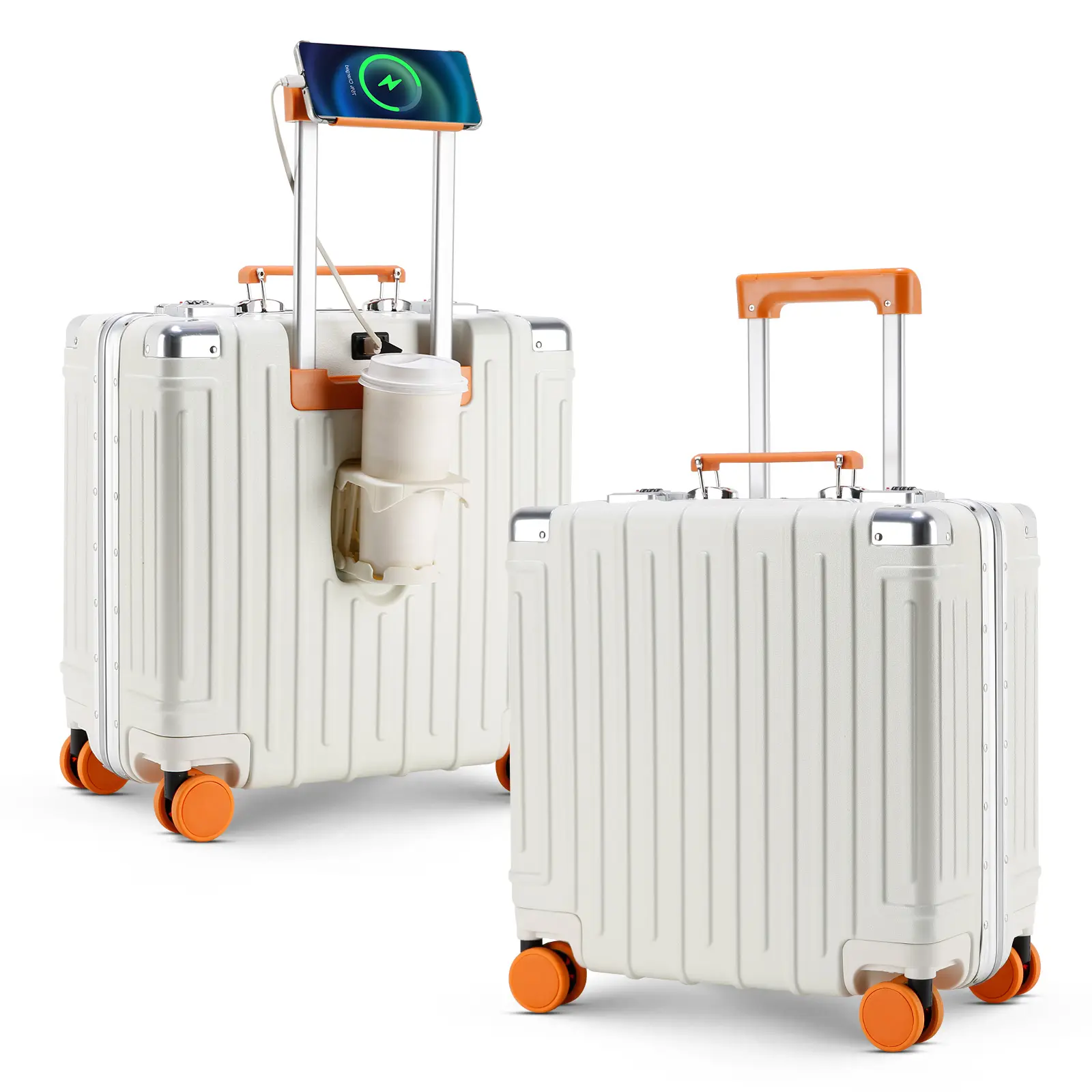 18 Inch Carry On Luggage with Cup Holder & Phone Stand, USB Charging Port Smart Suitcase, 360° Spinner Wheels Hardshell Travel Bag