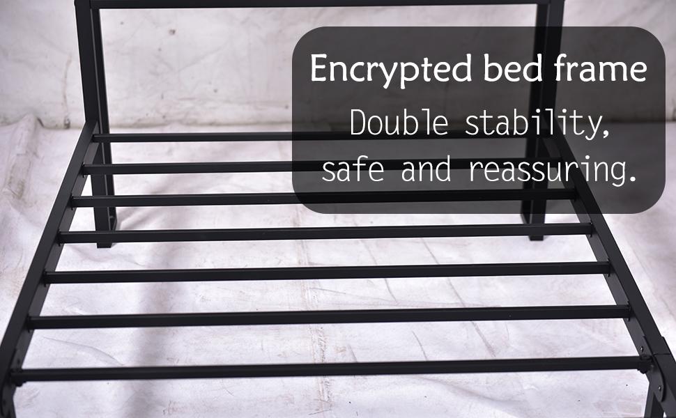 Different Size Metal Platform Bed Frame with Wooden Headboard and Footboard. Features robust metal slat support, no box spring required, delivering exceptional stability and a streamlined, modern aesthetic for your bedroom.