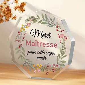 2D Flat, French "Merci Maîtresse" Teacher Appreciation Gift - Hexagonal Acrylic Desk Decor with Floral Design, Durable Home & Office Decoration for Teacher's Day, Christmas, Graduation, Back to School & End of Year Thank You