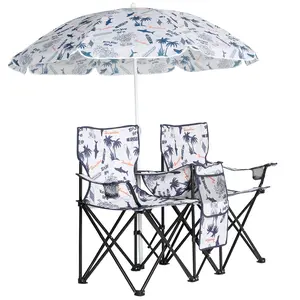 Portable Outdoor 2-Seat Folding Chair with Removable Sun Umbrella Coconut Tree