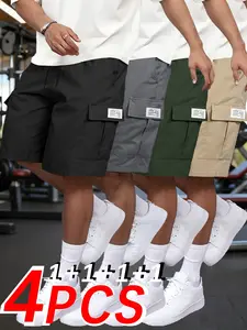 Men’s trendy cargo shorts, pack of 4 — featuring a logo, adjustable drawstring, and side pockets; suitable for outdoor cycling, fishing, and everyday casual summer wear.