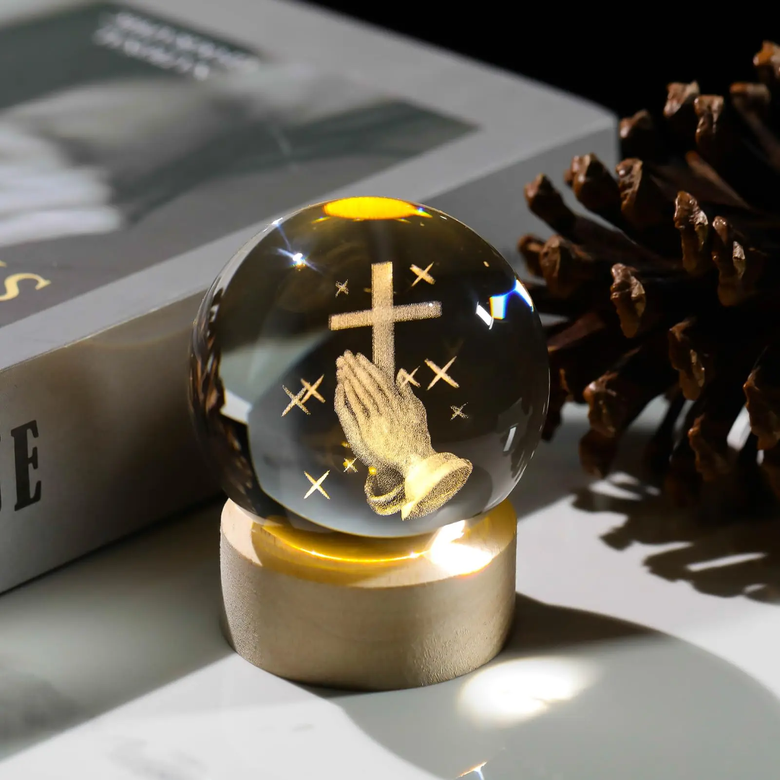 3D Cross Crystal Ball Figurine with Wooden Light Base, Laser Engraved Praying Hands, Religious Gifts for Women Men, Religious Collectibles, Home Decor, Spiritual Decor, Stylish Religious Decor, Ornate Religious Decor, Wooden Cross Decorations