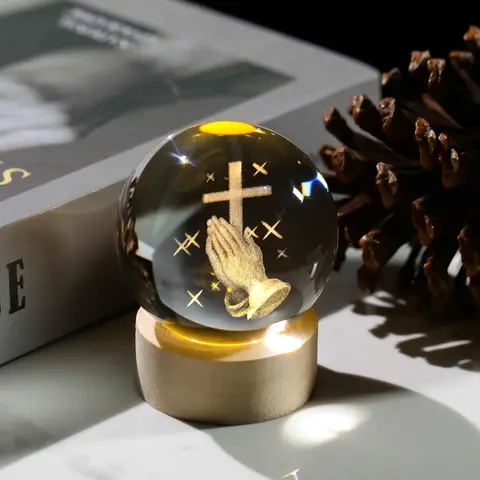 3D Cross Crystal Ball Figurine with Wooden Light Base, Laser Engraved Praying Hands, Religious Gifts for Women Men, Religious Collectibles, Home Decor, Spiritual Decor, Stylish Religious Decor, Ornate Religious Decor, Wooden Cross Decorations