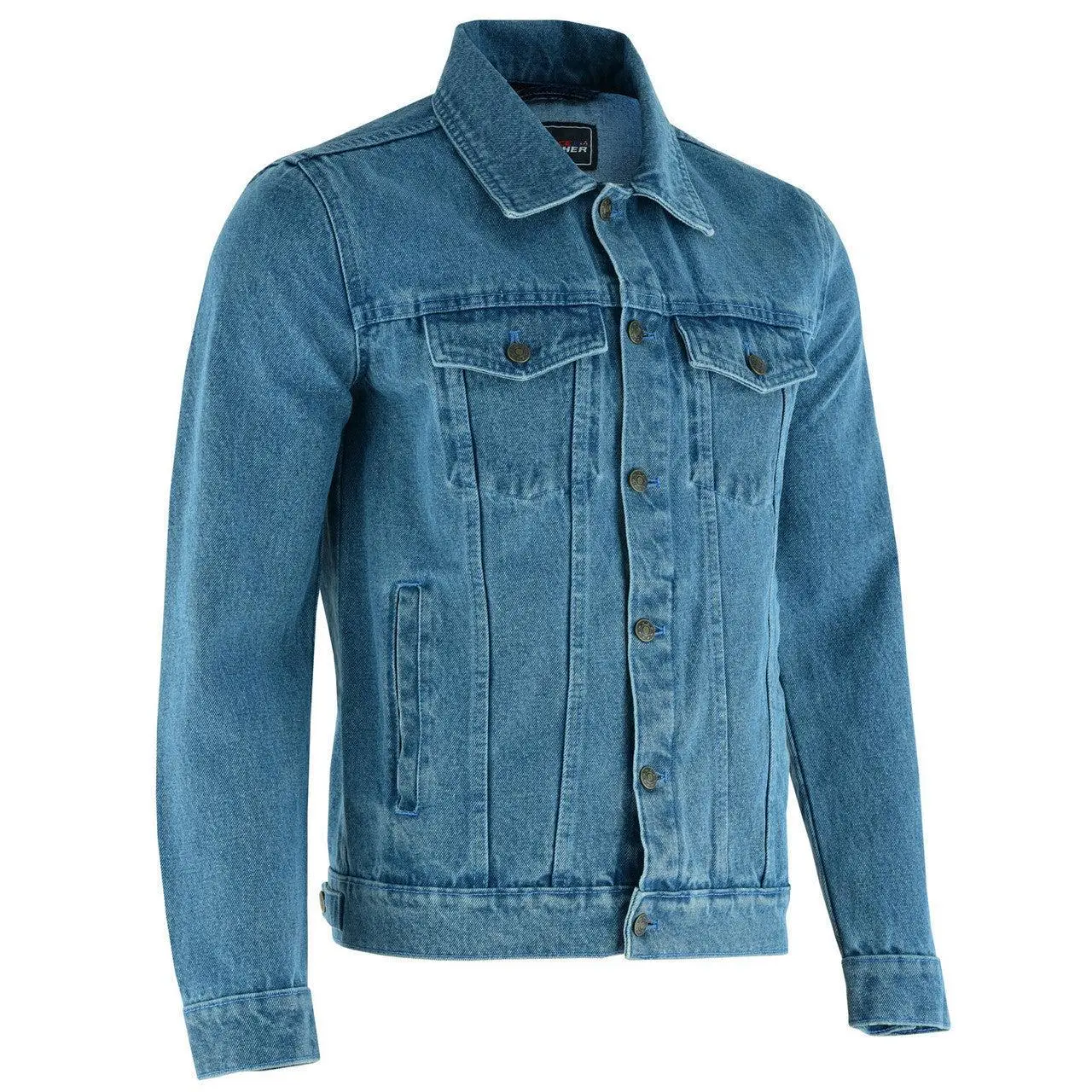 Vance Men's Light Blue Heavy Duty Denim Button Front Motorcycle Jacket, Jean Jacket for Men