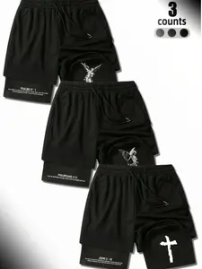 Men's 3-Count Christian Angel 2-in-1 Shorts - Bible Verse Print Black Layered Performance Shorts, Drawstring Waist Loose Fit, Breathable Summer Faith Streetwear
