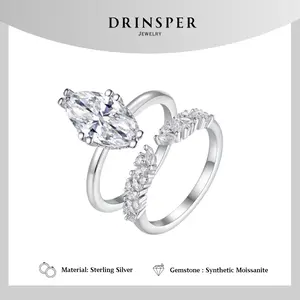 Drinsper S925 2PCS 3.83ct Dvvs Marquise-cut Synthetic Moissanite Sterling Silver Ring Set for Women Girls Luxury Old Money Style Suitable for Wedding Engagement Birthday Gift For Girlfriend Mom