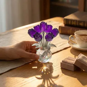 Purple Rose K9 Crystal Flower Figurine with Vase – Romantic Gift for Wife, Girlfriend, Mom, Elegant Bouquet Decor for Mother’s Day, Anniversary