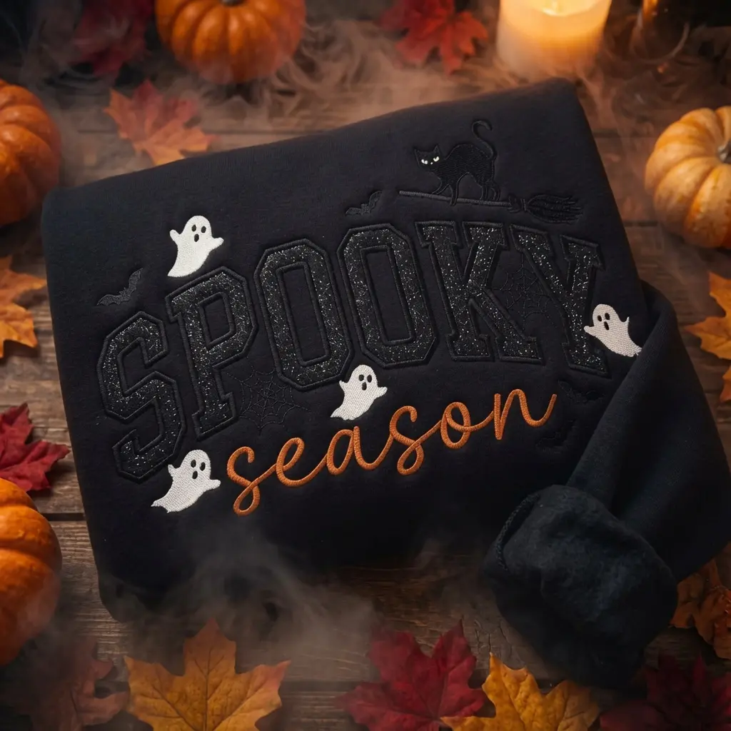 Spooky Season Ghost Embroidered Sweatshirt, Plaid Letters Coquette Halloween Crewneck