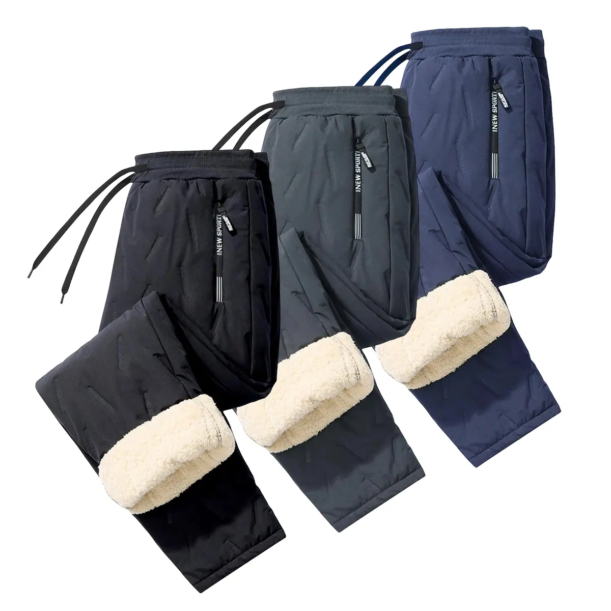 Men's Sherpa Fleece Lined Winter Pants, Thermal Quilted Windproof Trousers with Elastic Drawstring Waist and Side Zip Pockets, Thick Warm Cold Weather Pants for Outdoor Work Casual Hiking Travel Daily Wear and Jogging, Men's Polyester Sweatpants