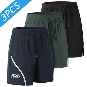 Men’s casual three-piece shorts set: stylish letter print, side contrast stripe design trendy athletic shorts, ice-feel breathable quick-dry ice silk air-conditioning shorts.