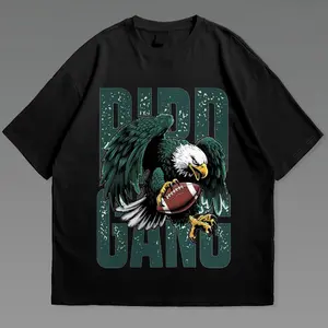 Black Short-Sleeve Tee with Bold Eagle & Football Graphic - “Bird Gang” Text Print, Retro Sports-Themed Casual Streetwear Top for Daily Wear