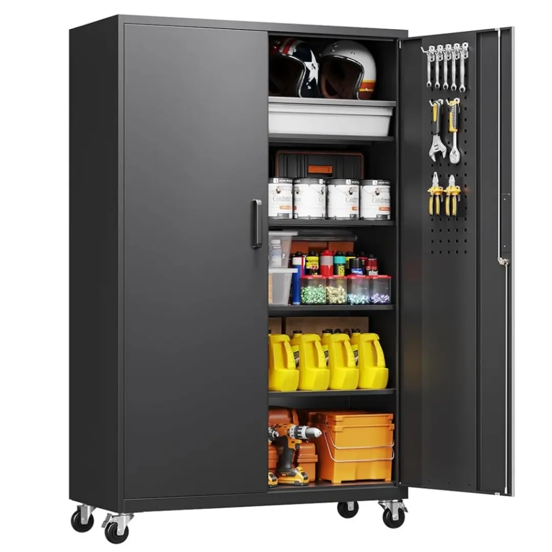 Yizosh 71" Tall Durable Steel Frame Rolling Metal Garage Storage Cabinet - Locking Doors, Locking Wheels, 4 Adjustable Shelves, Extra Wide & Deep, Large Capacity Tool Storage Rack for Indoor Garage, Workshop