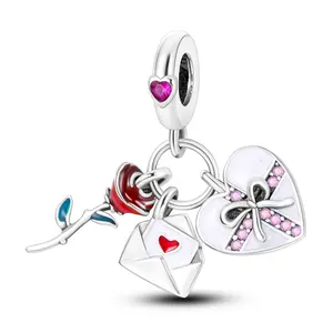 MULA S925 Silver-plated Valentine's Day Gift Pendant with Rose, Love Letter and Heart, Enamel and CZ Charms, Compatible with Pandora Bracelets and Necklaces, Romantic Jewelry for Women, Girls