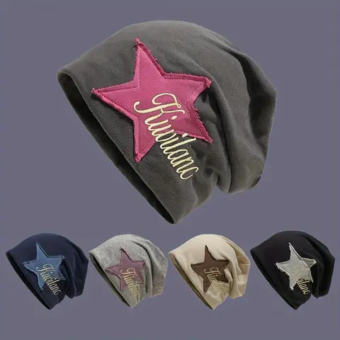 Unisex Star Motif Embroidered Knit Beanie Hat - Cute, Trendy, Casual, Black Streetwear Hat, Lightweight, Stretchy Easy Fit, Fashion Script, Valentine Gift for Adult Sports & Outdoor Use