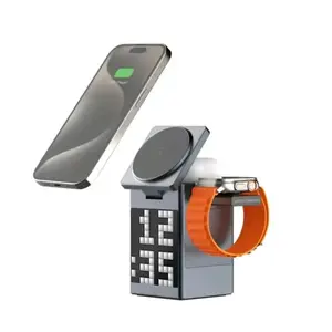 M.A.D LAB 15W Fast Charging Station - Pixel Animation Display Alarm Clock with Bluetooth Speaker, iPhone Charging Station for Apple Watch, AirPods, AirPods Pro 2 and Android Phones - Black Color