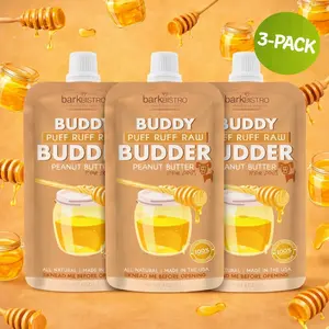 3pk Ruff Ruff Raw Buddy Budder Squeeze Pouch (4oz each)- All Natural Dog Peanut Butter, Perfect with Dog Enrichment, Treating, Training, Traveling