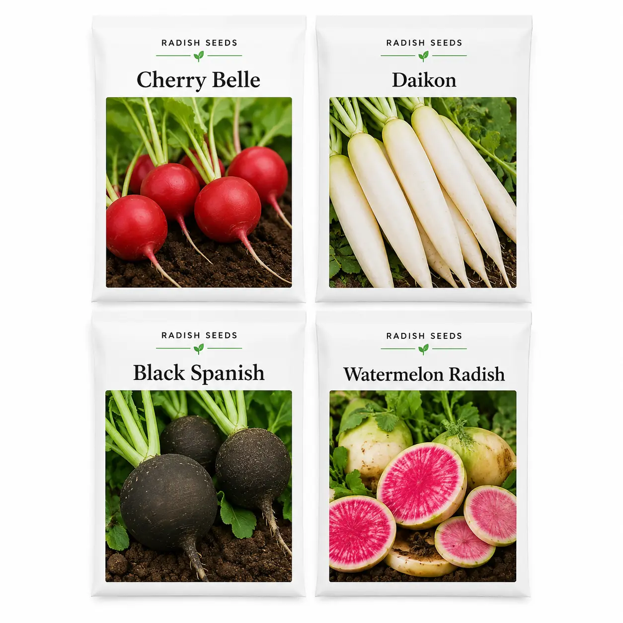 USA-Grown Heirloom Vegetable Radish Seeds Variety Pack (800+ Seeds, 4 Individual Bags) - Cherry Belle, Daikon, Black Spanish, Watermelon Radish, Non-GMO, Safe Quality, Full Sun, Home Garden Use, Heirloom Seeds, Vegetables