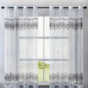 1 Piece French Romantic Cream Style Grey Printed Sheer Curtain, Grommet Top, Light Filtering & Non‑See‑Through, Ideal for Bedroom, Living Room and Study