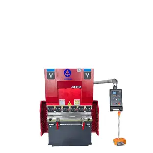 Small automatic CNC hydraulic bending machine with E21 system, used for aluminum metal bending, including motor, engine, pump, bearings and gears.