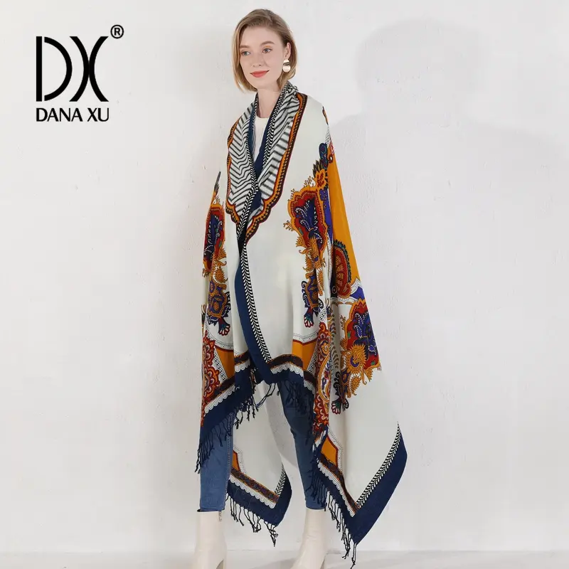 DANA XU 100% Merino Wool Extra Large Pashmina Blanket Travel chunky Scarf Cashmere Wrap for Women Fall Winter Oversize Shawl Floral Fashion